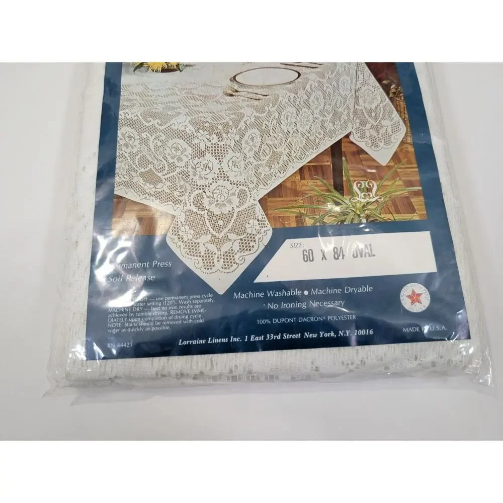 Vintage Tablecloth Oval 60 x 84 White Floral Lace New Sharon by Lorraine Linens